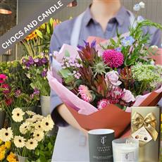 FLORIST CHOICE BOUQUET WITH CHOCS AND CANDLE