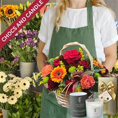 FLORIST CHOICE BASKET WITH CHOCS AND CANDLE 
