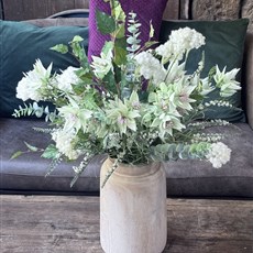 Neutral Artifical Flowers in Wooden Vase