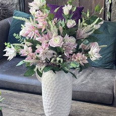 Pink Artifical Flowers in Grecian Vase 